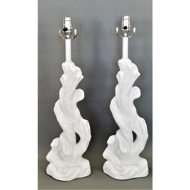 Faux Bois Solid White Plaster Tree Table Lamps -A Pair - Authentic 1950s - Serge Roche Style - Palm Beach Boho Chic For Sale - Image 10 of 12