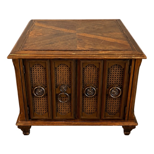 Vintage Spanish Revival Cane-Panel Storage End Table With Geometric Figured Top For Sale