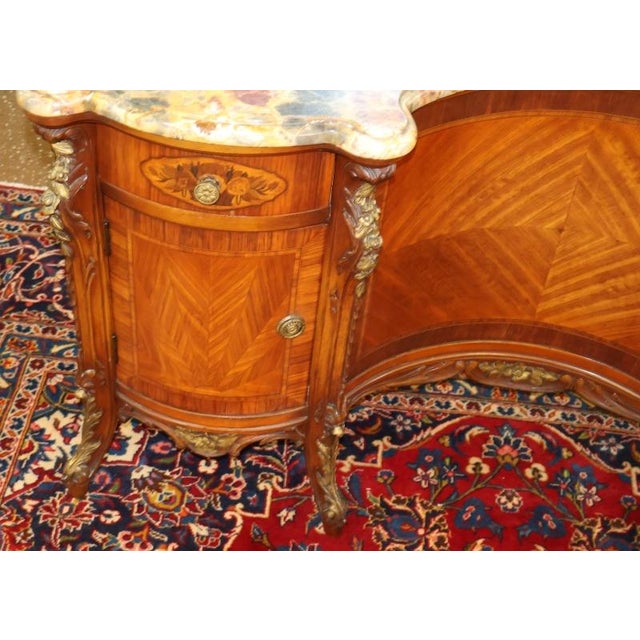 1920's French Style Marble Top Inlaid Walnut Vanity With Later Companion Mirror For Sale - Image 11 of 15