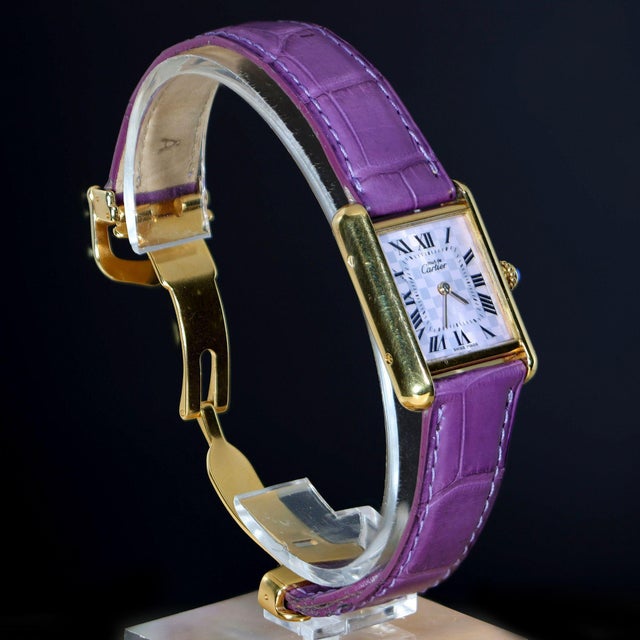 White Cartier Must De Cartier Tank 2415 Japan Limited Purple Checkerboard Dial Vermeil For Sale - Image 8 of 16