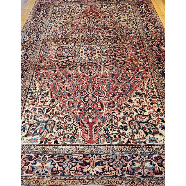 Vintage Persian Heriz Rug, Hand-Knotted Wool, Geometric Medallion Pattern, Red & Ivory, 10x13 For Sale - Image 15 of 16