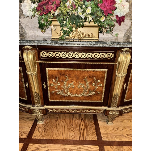 French Mid 20th Century Louis XVI Style Demi-Lune Commode With Gilt Mounts and Green Marble Top For Sale - Image 3 of 3