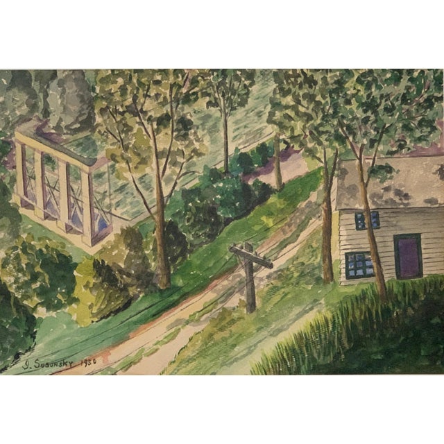 An evocative original mid-century watercolor landscape, signed and dated 1950, depicting a verdant rural scene from an...