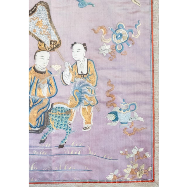 19th Century Chinese Fine Silk Embroidered Panel With Figures on Purple Ground For Sale - Image 10 of 16