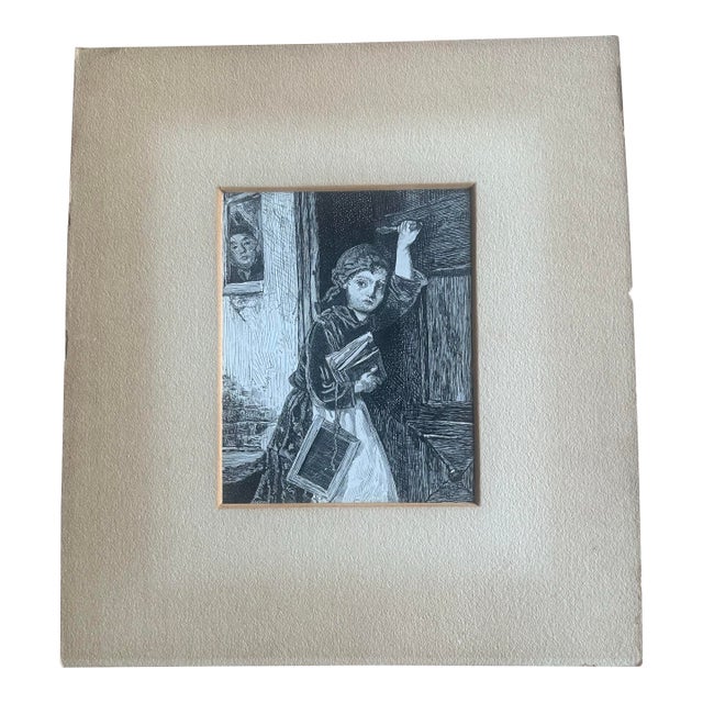 Vintage Etching of Schoolgirl With Books Classic Genre Scene, Matted For Sale