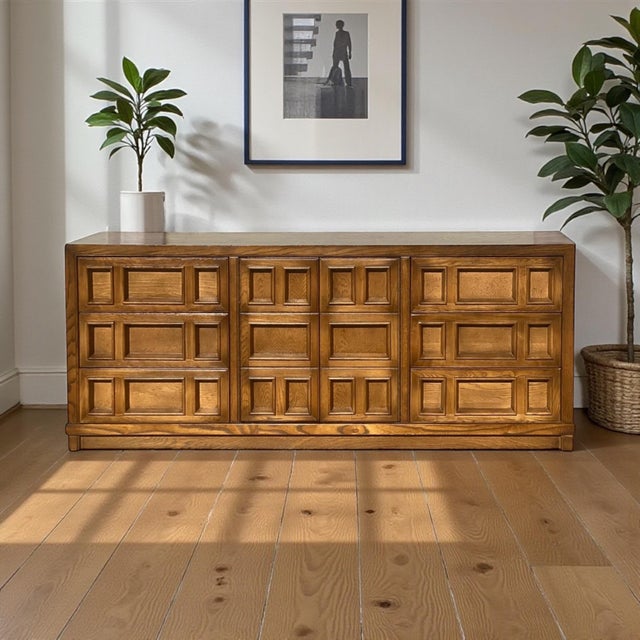 Late 20th Century Vintage Brutalist Oak Geometric-Front Lowboy Dresser, Mid-Century For Sale - Image 5 of 18