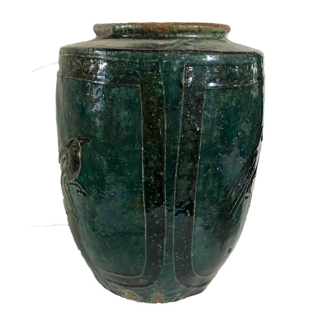 Vintage Chinoiserie Glazed Turquoise Rustic Jar/Urn W/Birds For Sale In New York - Image 6 of 8