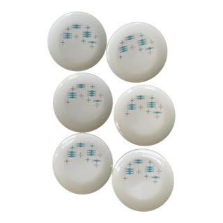 1950s Mount Clemens Mid Century Modern Blue Pattern Atomic Style Plates - Set of 6 For Sale