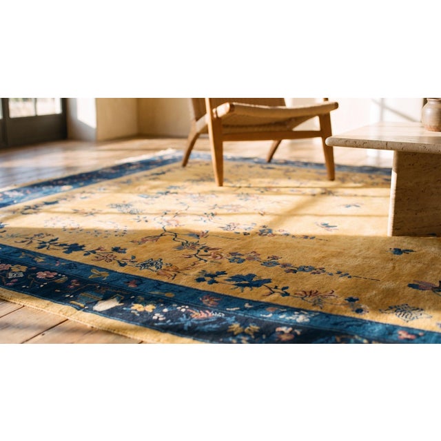 Textile Vibrant Yellow Background Color With Lovely Floral Design Chinese Art Deco Rug For Sale - Image 7 of 9