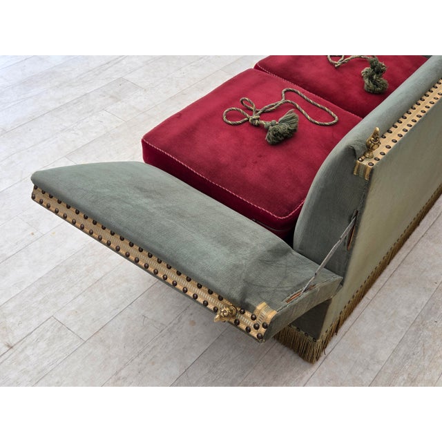 Danish 2-Seater Drop Arm Spanish Sofa in Green and Red Velour, 1970s For Sale - Image 9 of 18