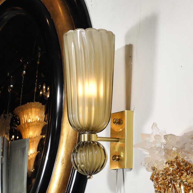 2020s Pair of Modernist Hand-Blown Murano Fluted Glass Sconces in Frosted Smoked Topaz For Sale - Image 5 of 18