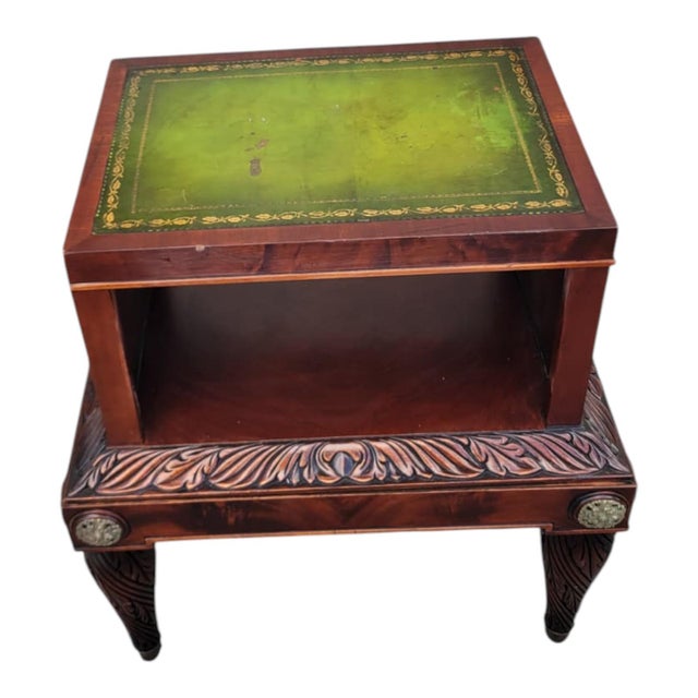 American 1920s Mahogany Leather Top Sofa End Table Brass Column Lion Pull Carved For Sale - Image 3 of 16