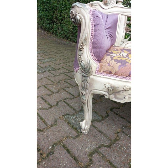 1990's French Louis XVI Style Settee in Lacquer Beech and Tufted Purple