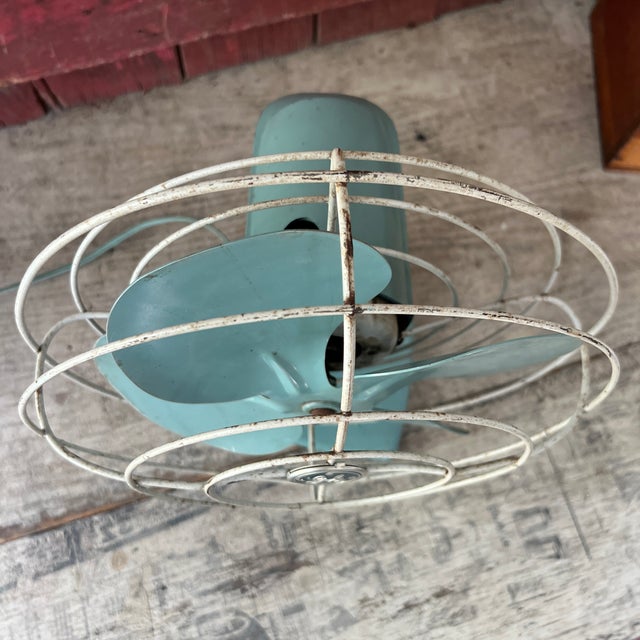 Vintage General Electric 1950s Aqua Blue Metal Oscillating Desk Fan - 10" Blades 14" Tall For Sale - Image 11 of 14