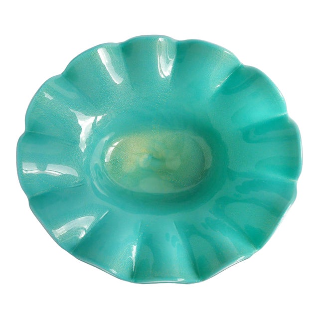 Vintage Murano Jade Green Gold Flecks Italian Art Glass Large Ruffle Rim Footed Centerpiece Bowl For Sale