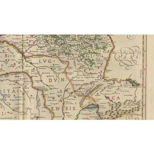 Black Map of Caesar's Gallia Veteris Ancient Gaul from Blaeu, France, 1642 For Sale - Image 8 of 13