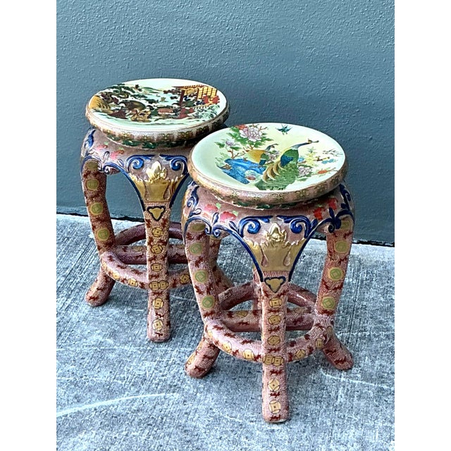 Vintage Asian Glazed Ceramic Low Stools - A Pair For Sale - Image 12 of 12