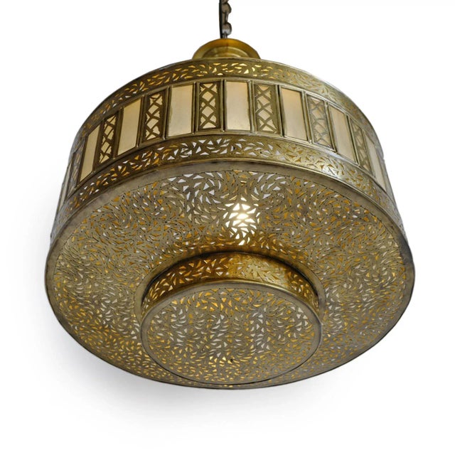 Moroccan Vintage Brass & Frosted Glass Striped Pendant Light Small For Sale - Image 3 of 6