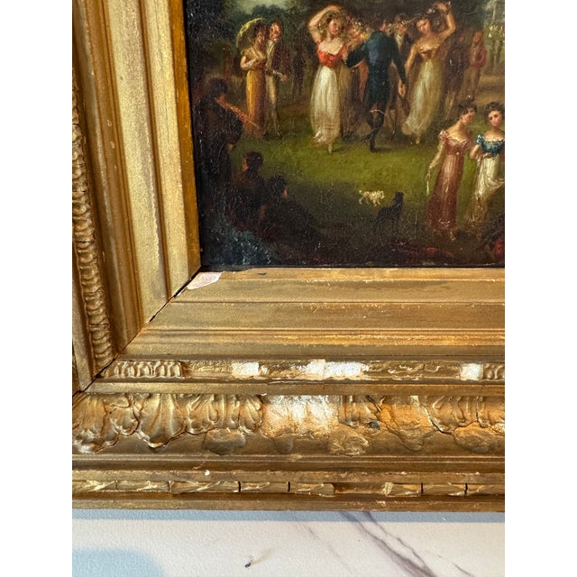 Early 19th Century Antique Early 19th Century Fête Champêtre, Oil on Copper — Regency Figures Dancing in a Park, Period Giltwood Frame, For Sale - Image 5 of 10