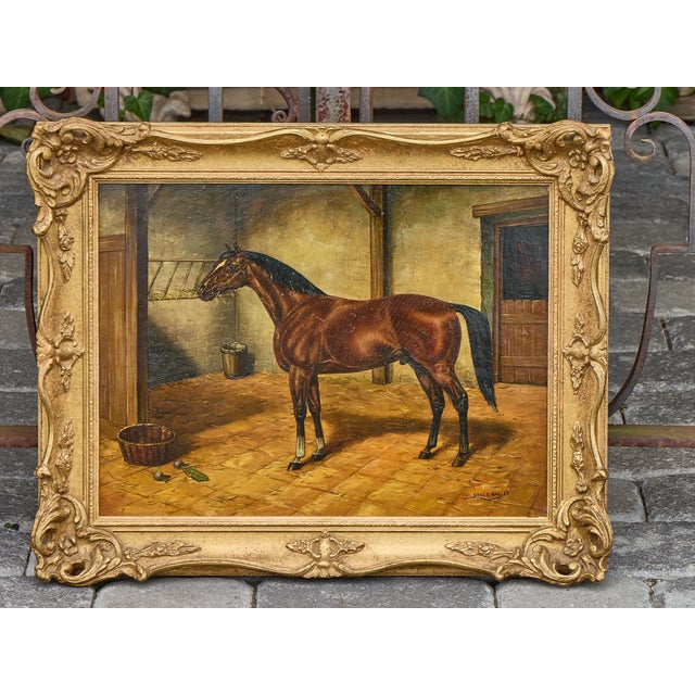 Brown Oil on Board Painting of Horse in Stable by Louis Nadler, Early 20th Century For Sale - Image 8 of 12