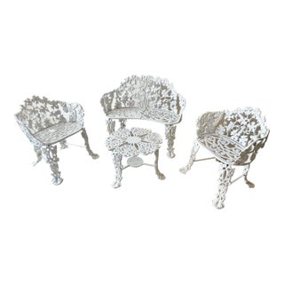 Mid 20th Century Exquisite Wrought Iron Victorian Style Grape Vine Leaf Settee, 2 Chairs and Table, 4 Pieces Excellent "Mint" Condition. For Sale
