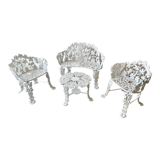 Mid 20th Century Exquisite Wrought Iron Victorian Style Grape Vine Leaf Settee, 2 Chairs and Table, 4 Pieces Excellent "Mint" Condition.. For Sale