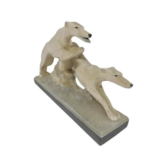 French Art Deco greyhound couple sculpture by Charles Lemanceau at Sainte-Radegonde, France, 1930. Greyhound race. Marked...