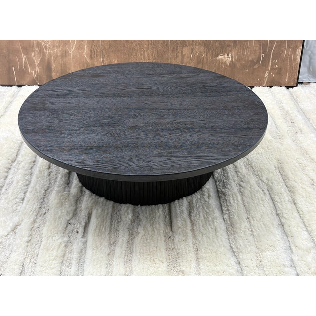 Rh Byron Round Pedestal Coffee Table – 48" Black Oak | Reeded Oak Design | Sculptural Contemporary Silhouette For Sale - Image 17 of 18