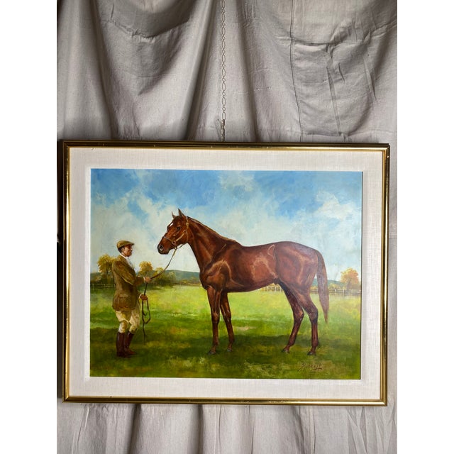 Very fine custom-framed oil on board equestrian painting titled “Man O’ War” painted by widely accomplished and well known...