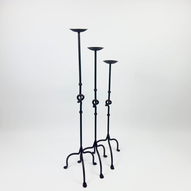 2020s Hand Forged Iron Candelabra Set of 3 (82-101cm) Antique Copper Finish Knotted Stem with Arched Base For Sale - Image 5 of 6