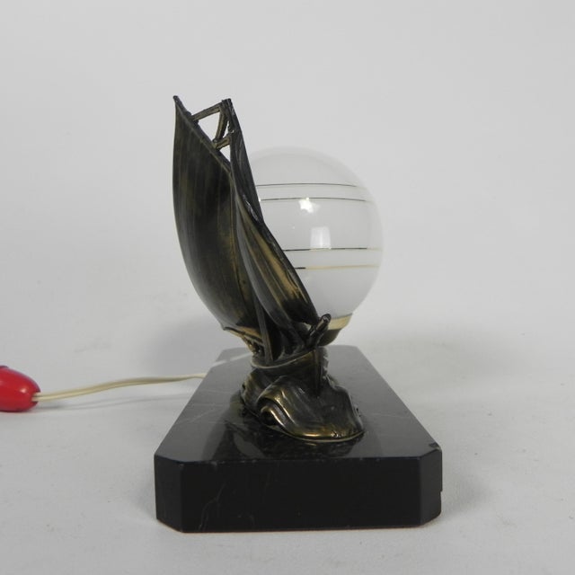 Black Art Deco Desk Lamp with Sailboat and Globe on Marble Base, 1930s For Sale - Image 8 of 16