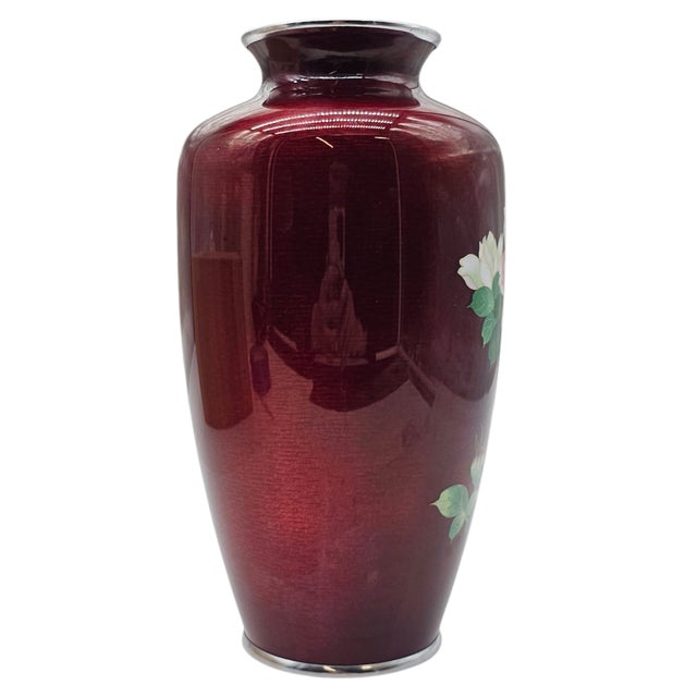 Signed Ando Jubei Japanese Cloisonné Pigeon Blood Red Peony Vase 10" For Sale In San Francisco - Image 6 of 10