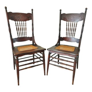 Pair Antique Solid Oak Wood Pressed Spindle Back Cane Seat Side Chairs For Sale