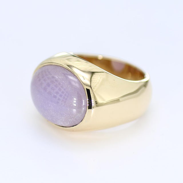 This is a large 14k yellow gold ring with an oval shaped high-dome pink jade cabochon. - Stone Info - Pink Jade Cabochon...