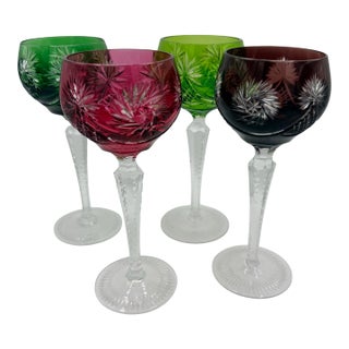 Vintage Nachtmann Style Cut-to-Clear Crystal Hock Glasses, Jewel Tone - Set of 4 For Sale