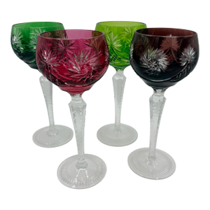 Vintage Nachtmann Style Cut-to-Clear Crystal Hock Glasses, Jewel Tone - Set of 4