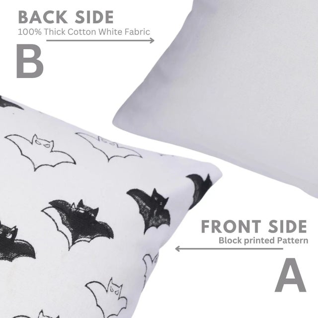 Fabdivine Haunted Harvest VibesHandmade Block Print Pillow Covers for Halloween Size-24x24- Bat For Sale - Image 4 of 6