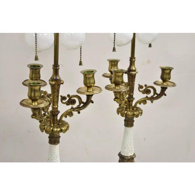 Metal Vintage French Empire Style Candlestick Candelabra Brass Table Lamps - A Pair For Sale - Image 7 of 12