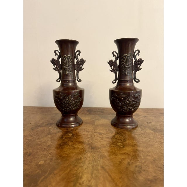 Antique Japanese Twin Handle Bronze Vases, 1900, Set of 2 For Sale - Image 6 of 7