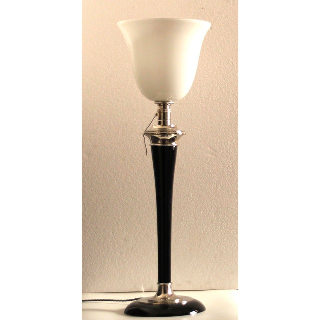 Black French Art Deco Table Lamp in Black Wood and Nickeled Metal from Mazda, 1920s For Sale - Image 8 of 8