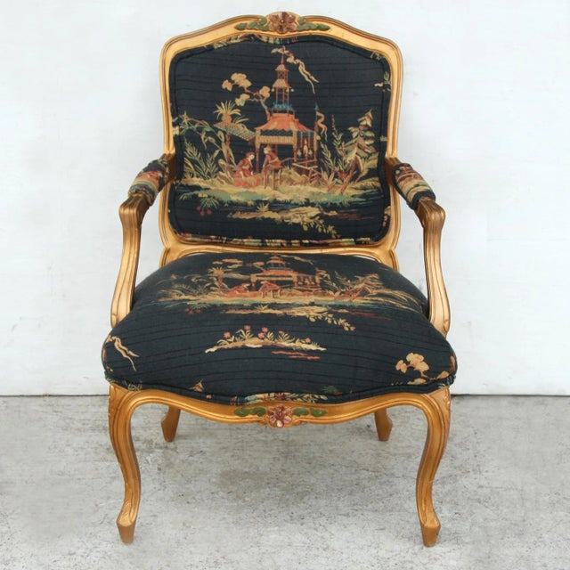 Wood French Bergeres Carved Wood and Chinoiserie Print Armchair For Sale - Image 7 of 7