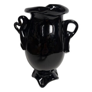 1960s Hand Blown Black Art Glass Double Handled Vase 9 Tall Pontil Mark Unsigned For Sale