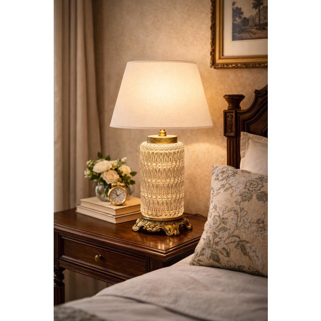 Mid 20th Century Vintage Cut Crystal & Gilt Bronze Table Lamp With Custom Neutral Linen Shade For Sale - Image 5 of 6