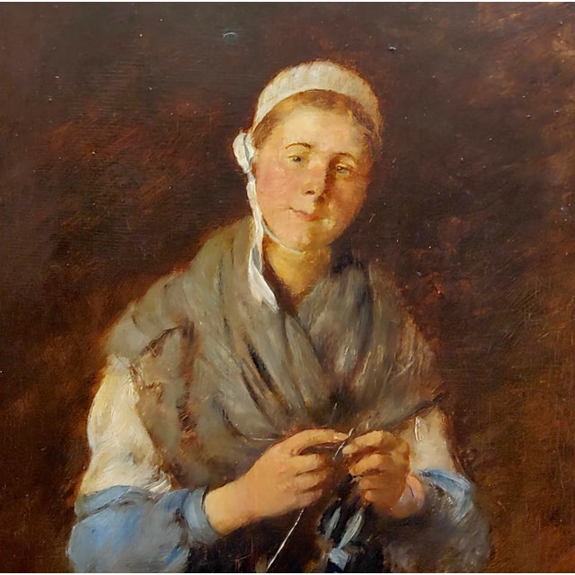 19th Century Louis Mettling - Young Woman Knitting -19th Century Genre Oil Painting For Sale - Image 5 of 10