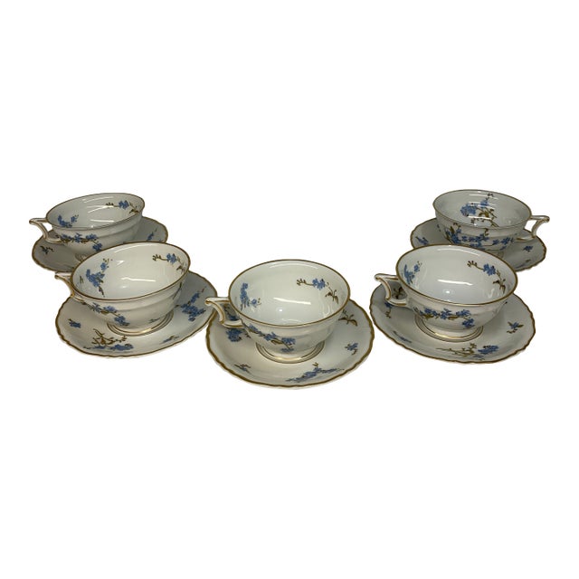 Vintage Limoges Theodore Haviland Montmeri Petite Blue Flowers With Gold Accents Tea Cups With Saucers Set of 5 For Sale