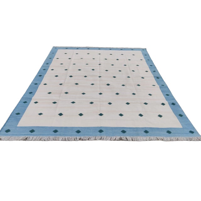 Handmade Cotton Area Rug, Natural Vegetable Dyed White, Blue & Green Diamond Rug-5'x7' For Sale - Image 9 of 10