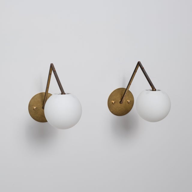 Vintage Italian Geometric Brass and Opaline Globe Wall Sconces, 1950s, Set of 2 For Sale - Image 9 of 14