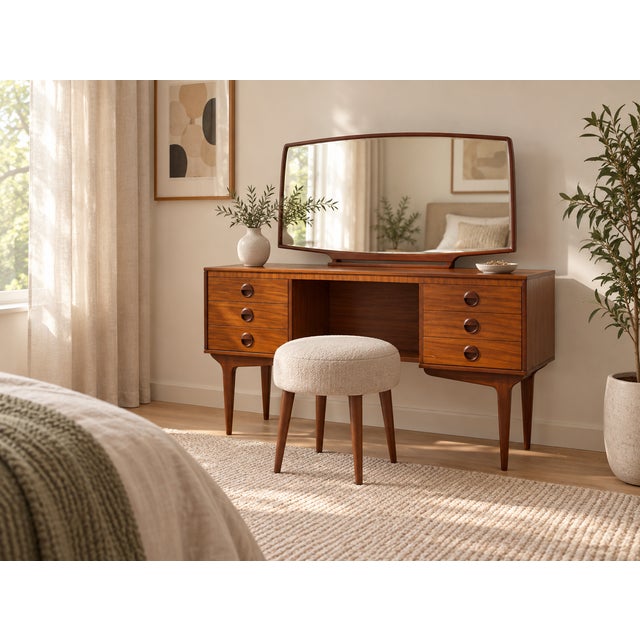 A stylish mid-century teak dressing table by Butilux, dating from the 1960s. Featuring six drawers with distinctive...
