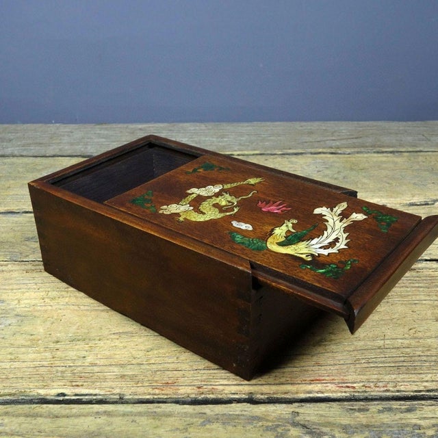 Vintage Rosewood Box With Mother-of-Pearl Dragon & Phoenix Inlay For Sale In Los Angeles - Image 6 of 9