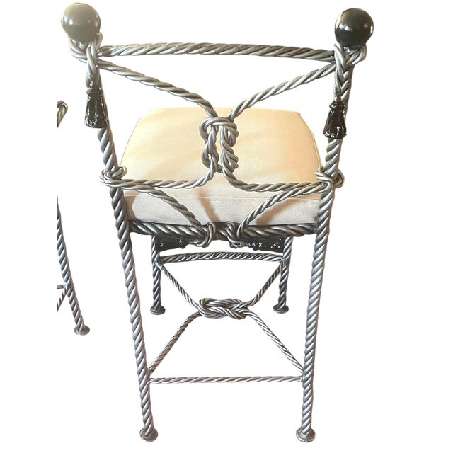 French Pair Vintage Napoleon III Rope Twist & Tassel Designer Stools For Sale - Image 3 of 11